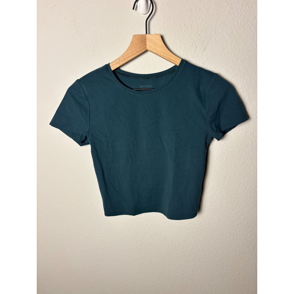 Athleta Transcend Open Back Tee Teal Green Cropped Activewear Yoga Shirt Small